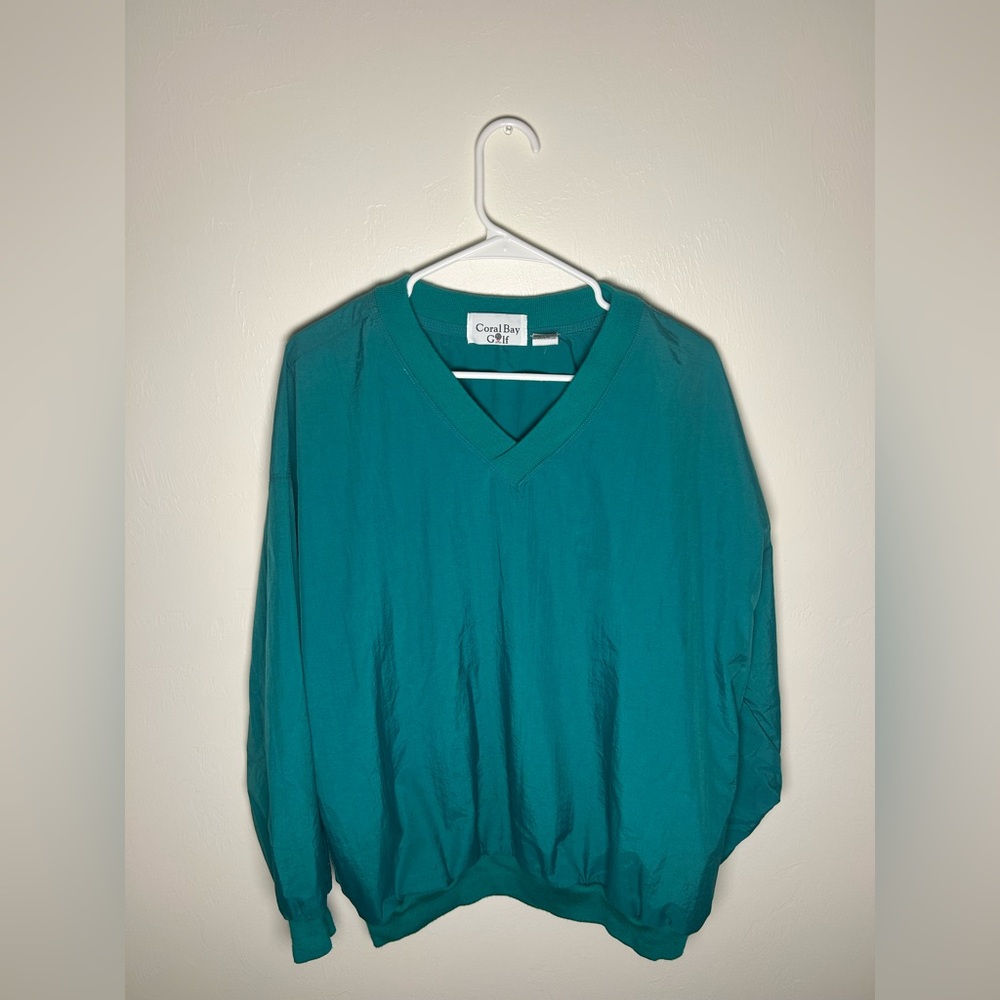 Vintage 90s Coral Bay Golf Teal Nylon V-Neck Pullover Windbreaker Size Large